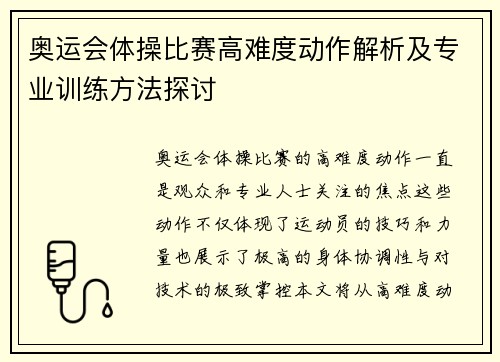 奥运会体操比赛高难度动作解析及专业训练方法探讨
