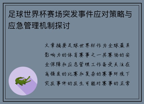 足球世界杯赛场突发事件应对策略与应急管理机制探讨