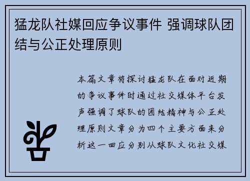 猛龙队社媒回应争议事件 强调球队团结与公正处理原则