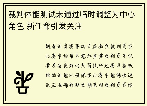 裁判体能测试未通过临时调整为中心角色 新任命引发关注